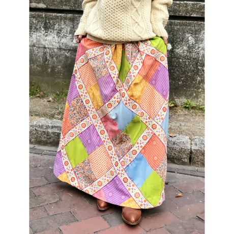 70s Floral patchwork maxi skirt【01231】