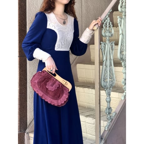 70s Navy prairie maxi dress【01224】