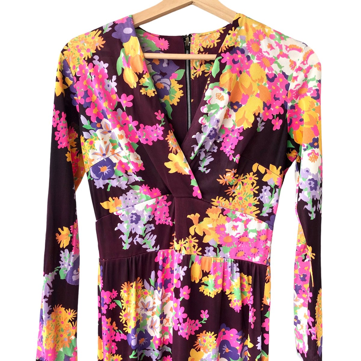 70s Burgundy floral maxi dress【01311】 | Vintage