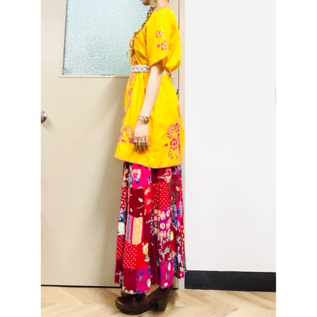 Yellow embroidered midi dress【00716】