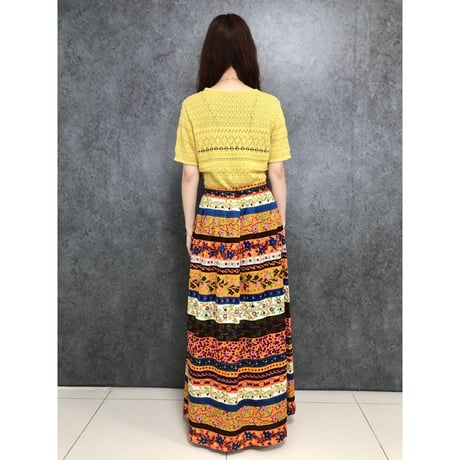 70s Orange floral maxi skirt【01452】