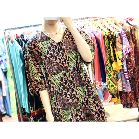 Orange×Yellow African batik dress【01188】