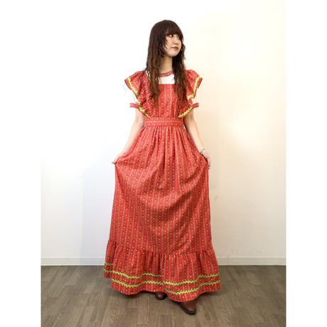 70s Red floral maxi dress【01314】