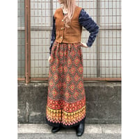 60s Orange floral quilted maxi skirt【01426】