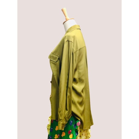 80s Green rayon blouse【00427】