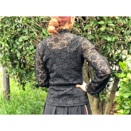 70s Black lace blouse【00158】