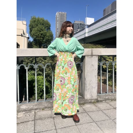 70s Green and floral maxi dress【01229】