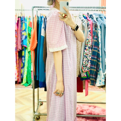 70s Purple gingham maxi dress with bonnet【00926】