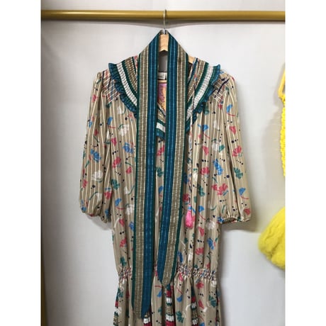 80s Mosaic floral dress【00997】
