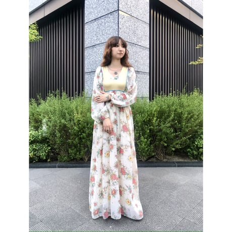 70s Balloon sleeve floral dress【01222】