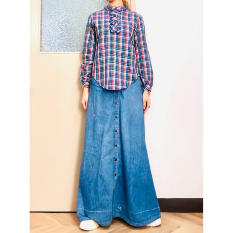 70s Blue plaid brouse【00896】