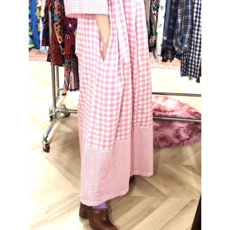 Vintage pink gingham maxi dress【01001】