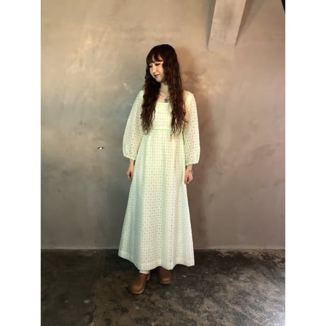 70s Pale green lace maxi dress【01300】