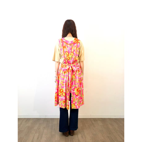 70s Pink floral apron【01313】