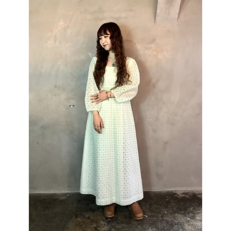 70s Pale green lace maxi dress【01300】