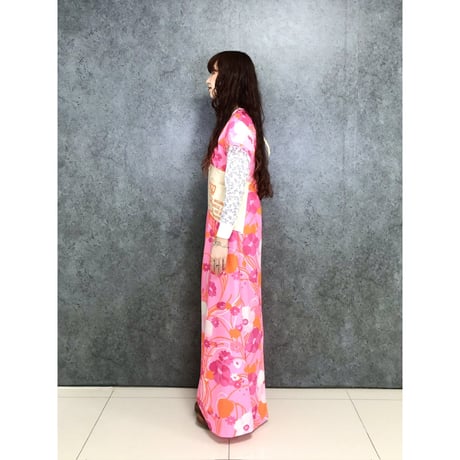 70s Pink floral maxi dress【01445】