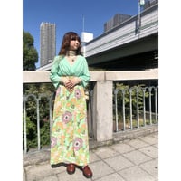 70s Green and floral maxi dress【01229】