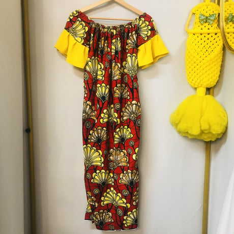 Red×Yellow African batik dress【01185】