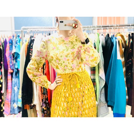 70s yellow floral maxi dress【00834】