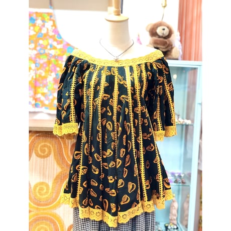 Vintage Black×Orange african batik tunic【01189】