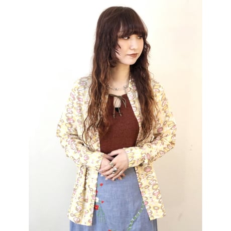 60s Yellow geometric patterns blouse【01295】