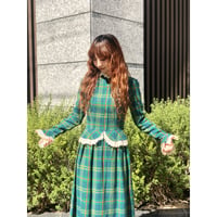 70s Green plaid wool maxi dress【01228】