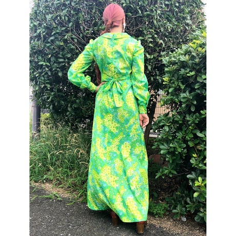 70s Lime green ｍaxi dress【00397】