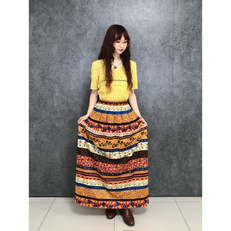 70s Orange floral maxi skirt【01452】