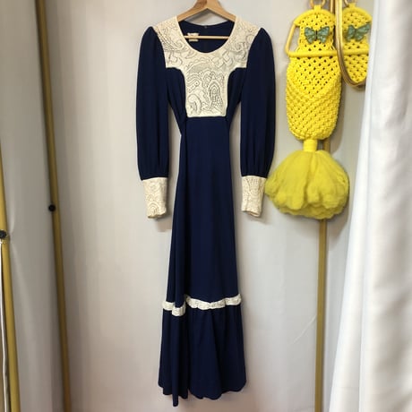 70s Navy prairie maxi dress【01224】