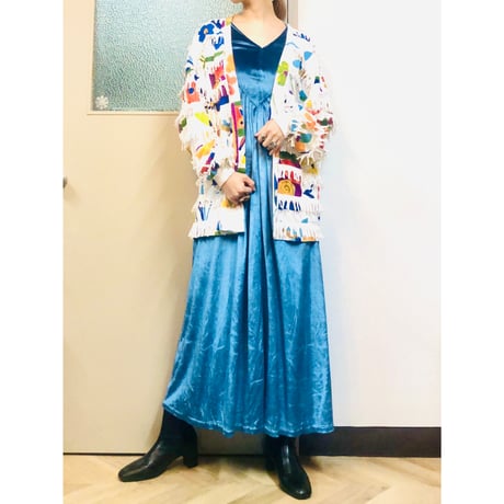 70s Blue velor maxi dress【01056】