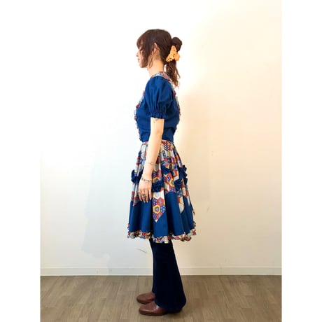 70s Navy patchwork printed midi dress【01316】