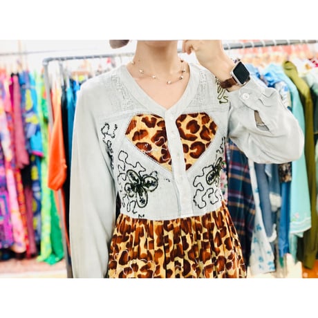80s indian rayon leopard dress【00927】