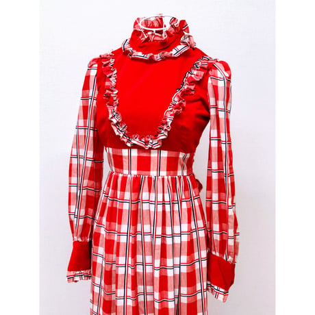 70s Gingham prairie style maxi dress【00467】