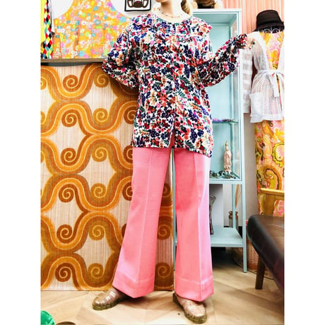 70s Pink dot polyester pants【01119】