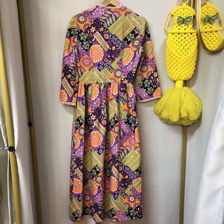 60s Psychedelic floral maxi wrap dress【01246】