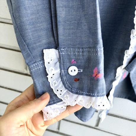 70s Butterfly paint chambray shirt【01292】