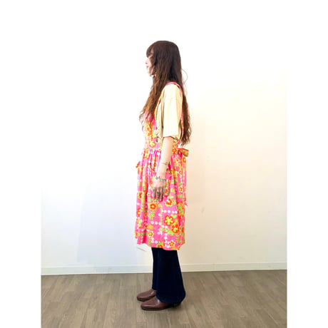 70s Pink floral apron【01313】