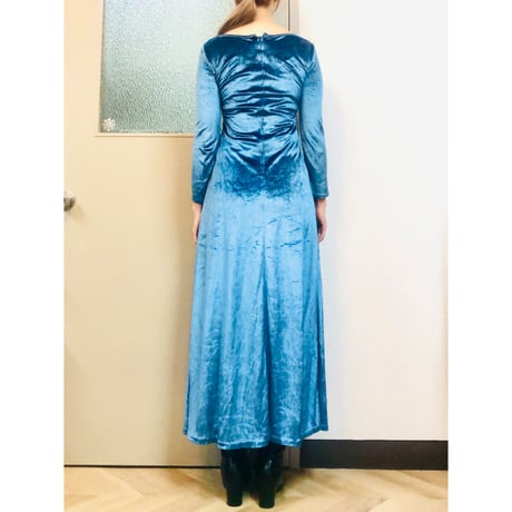 70s Blue velor maxi dress【01056】