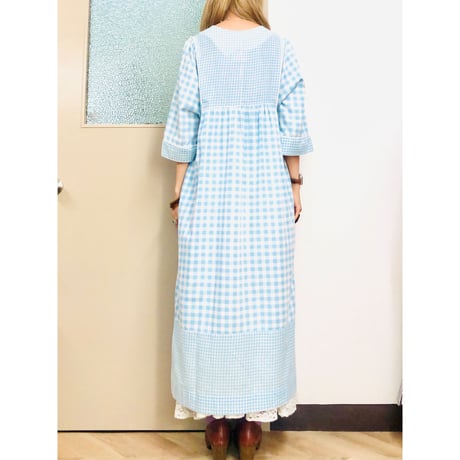 Vintage blue gingham maxi dress【01002】