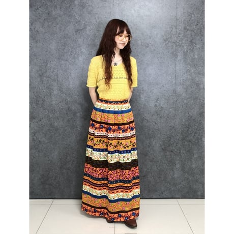 70s Orange floral maxi skirt【01452】