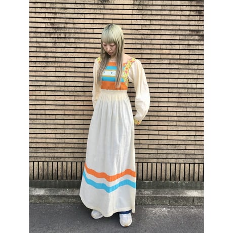 60s Long sleeve patchwork maxi dress【01381】
