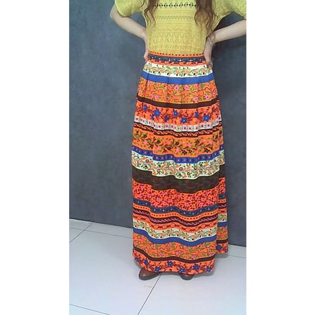 70s Orange floral maxi skirt【01452】