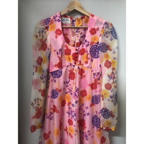 70s Hawaiian sheer maxi dress【00830】