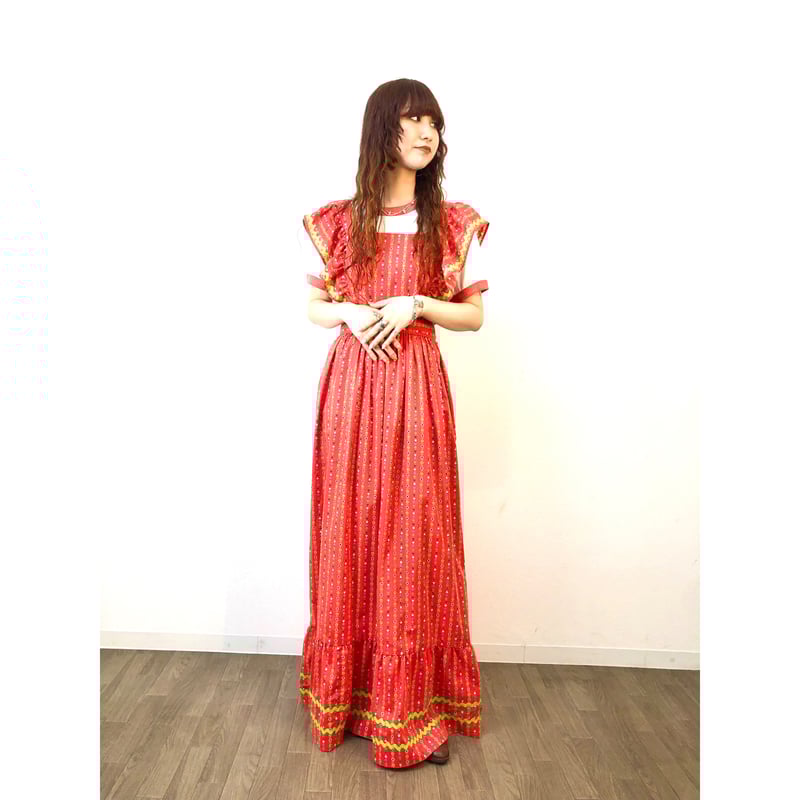 70s Red floral maxi dress【01314】 | Vintage & Us