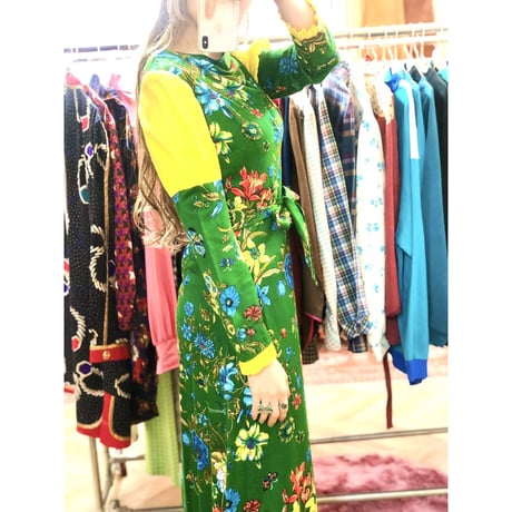 70s Bugs and Flower maxi dress【01036】