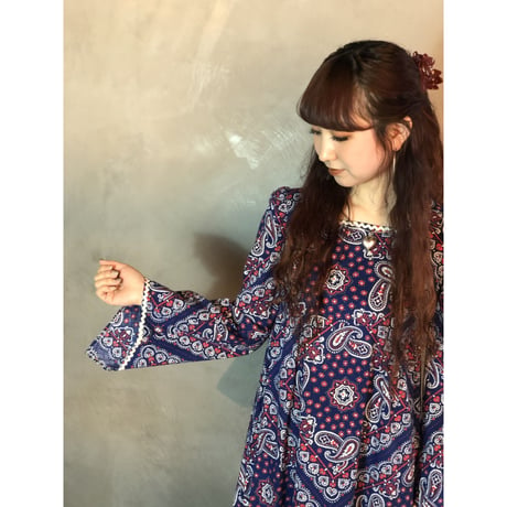 70s Handmade bell sleeve dress【01252】