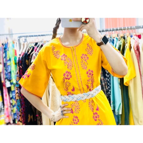 Yellow embroidered midi dress【00716】