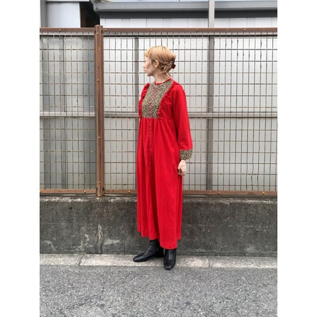 70s Red house maxi dress【01425】
