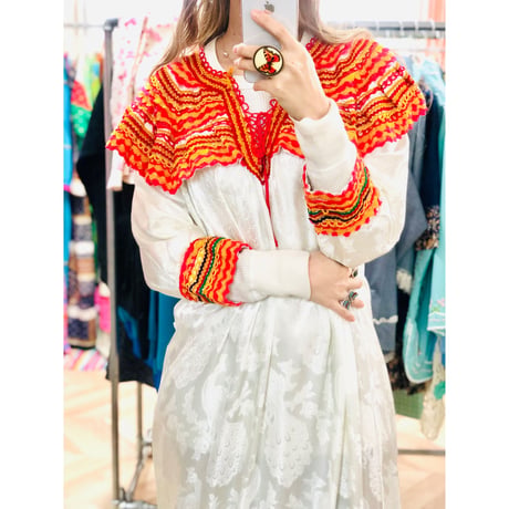 70s white satin floral dress【00889】
