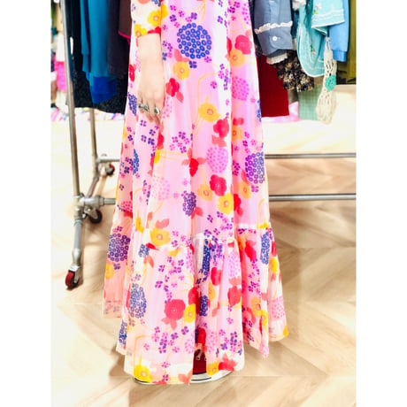 70s Hawaiian sheer maxi dress【00830】